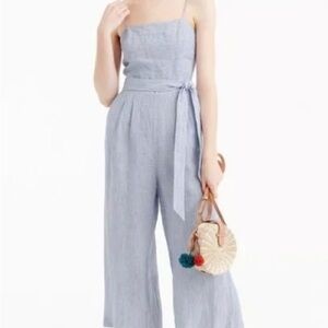 J CREW Spaghetti-strap jumpsuit striped beauchamps linen blue white wide leg 4